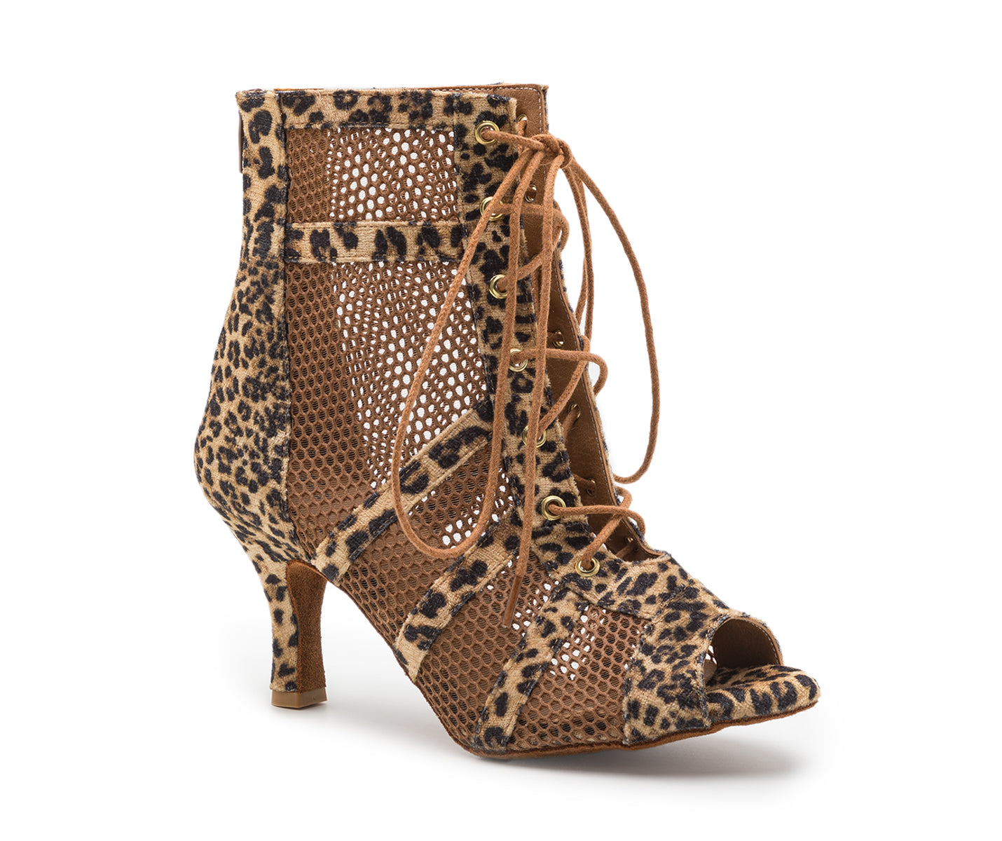 Dancing Queens Tuttle Tanzschuhe: Stiefelette aus Netzstoff in Camel Leopard mit Peeptoe, Schnürung vorne und Wildlederakzenten.